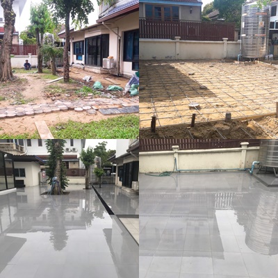 งานปรับพื้นที่ เทปูน ปูกระเบื้องภายนอก